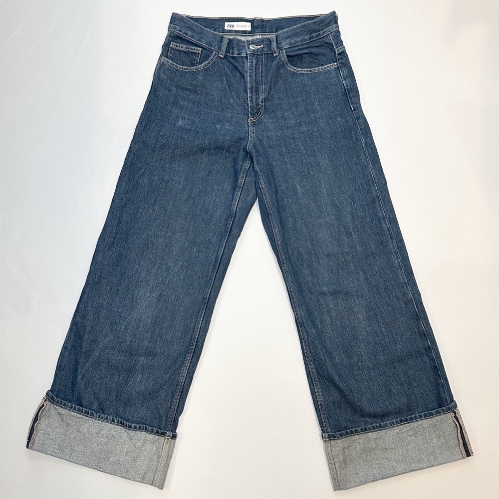 Zara Dark Wash Cuffed Wide Leg Jeans